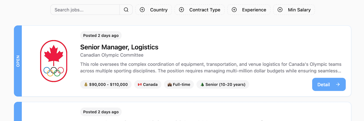 Global event jobs listings interface