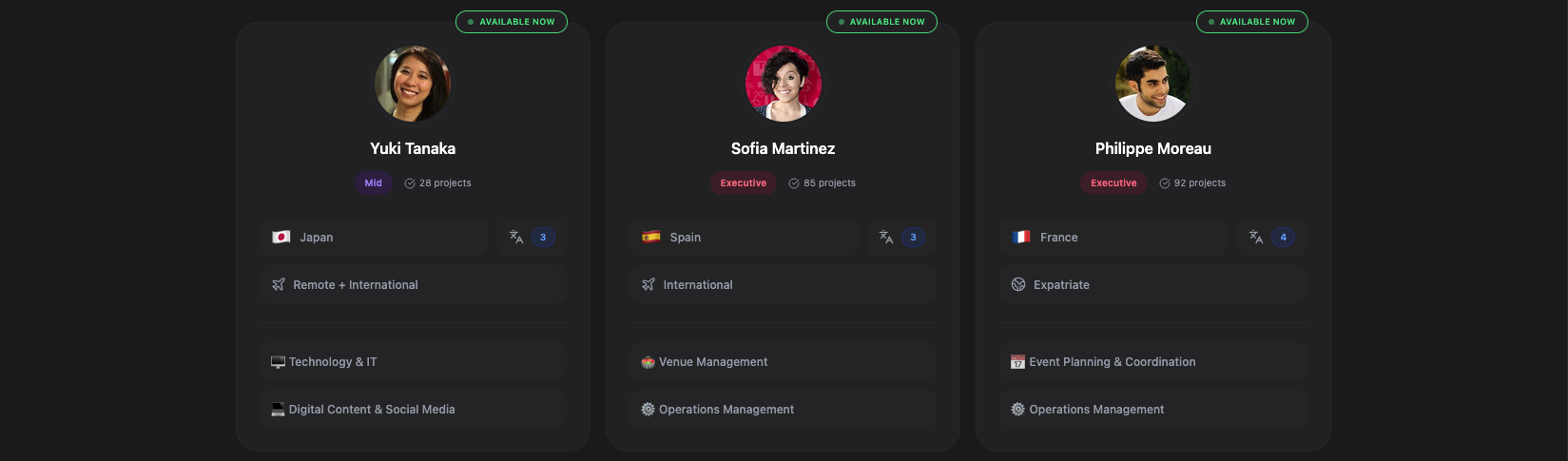 Discover Professionals interface with advanced filtering and professional profiles