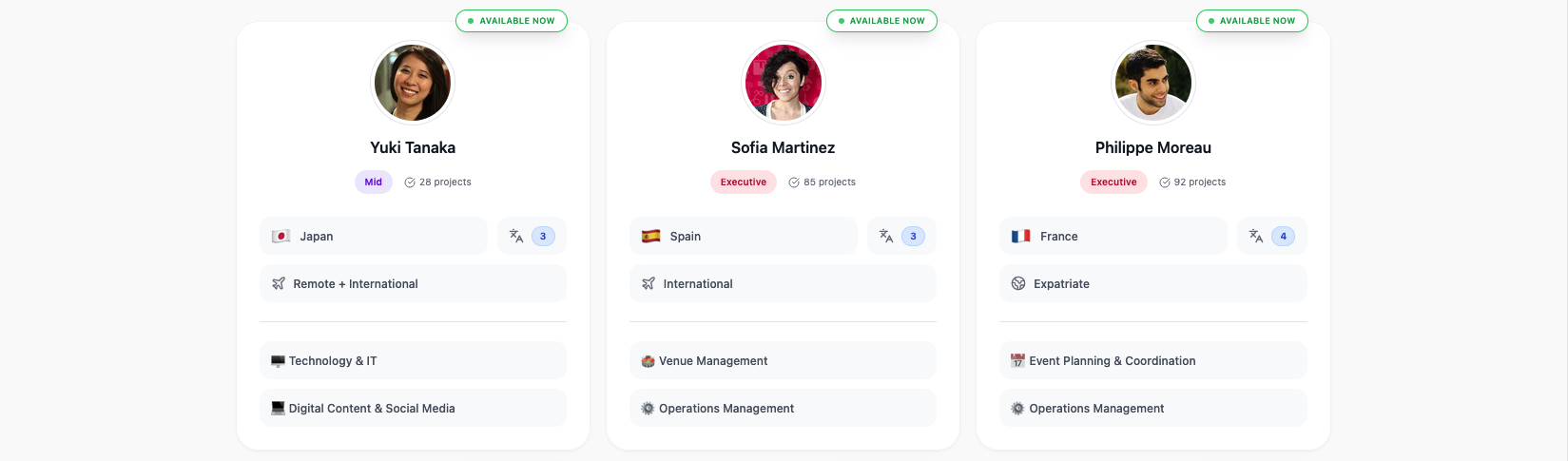 Discover Professionals interface with advanced filtering and professional profiles